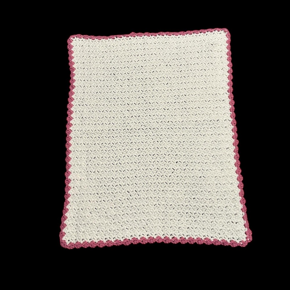 Handmade Crochet Baby Afghan‎ Blanket Cream Pink Scallop Edge 37x27